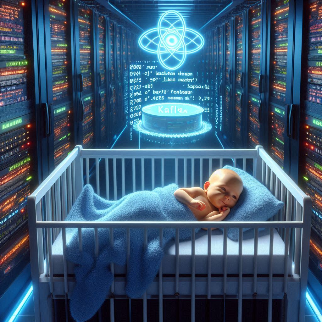 Newborn in a crib made of server racks, surrounded by blinking LEDs and Kafka logs