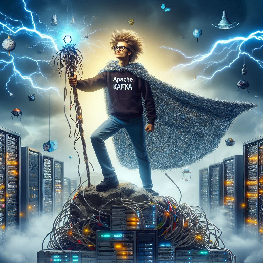 Young man standing atop a mountain of servers, holding a Kafka-logo staff