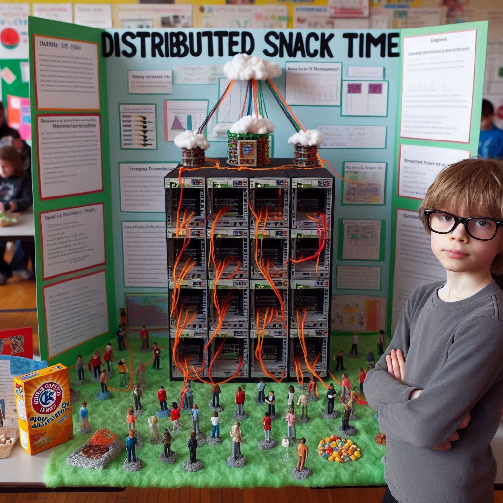 Young boy at a science fair with a massive 'Distributed Snack Time' project