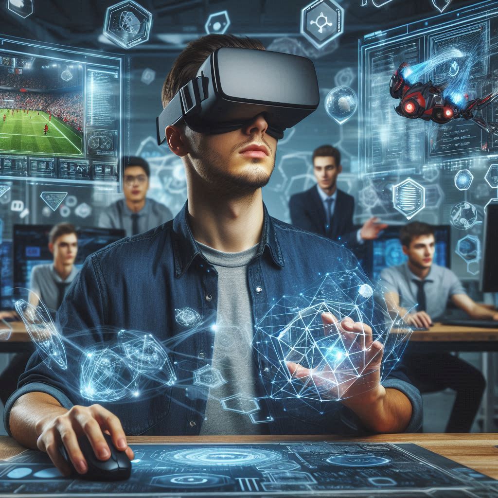Man in VR headset surrounded by game interfaces and Kafka architecture holograms